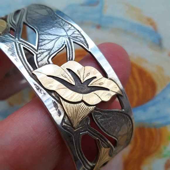 🌙14k & Sterling Cuff Vintage Estate Bracelet - Picture 9 of 11